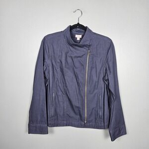 J Jill Womens MP Moto Jacket Linen Blend Asym Zip Lightweight Blue Gray Petite